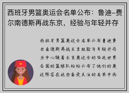 西班牙男篮奥运会名单公布：鲁迪-费尔南德斯再战东京，经验与年轻并存