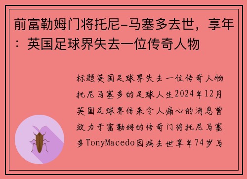 前富勒姆门将托尼-马塞多去世，享年：英国足球界失去一位传奇人物