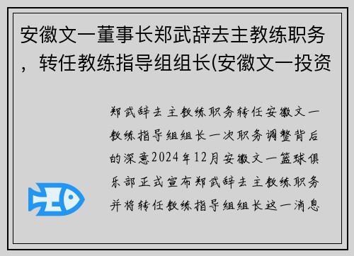 安徽文一董事长郑武辞去主教练职务，转任教练指导组组长(安徽文一投资集团真正老板)